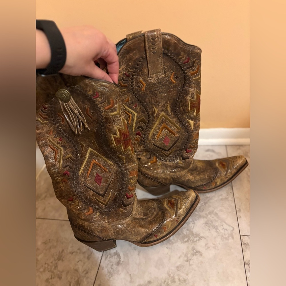 Corral brown distressed Aztec fringe western cowboy boots